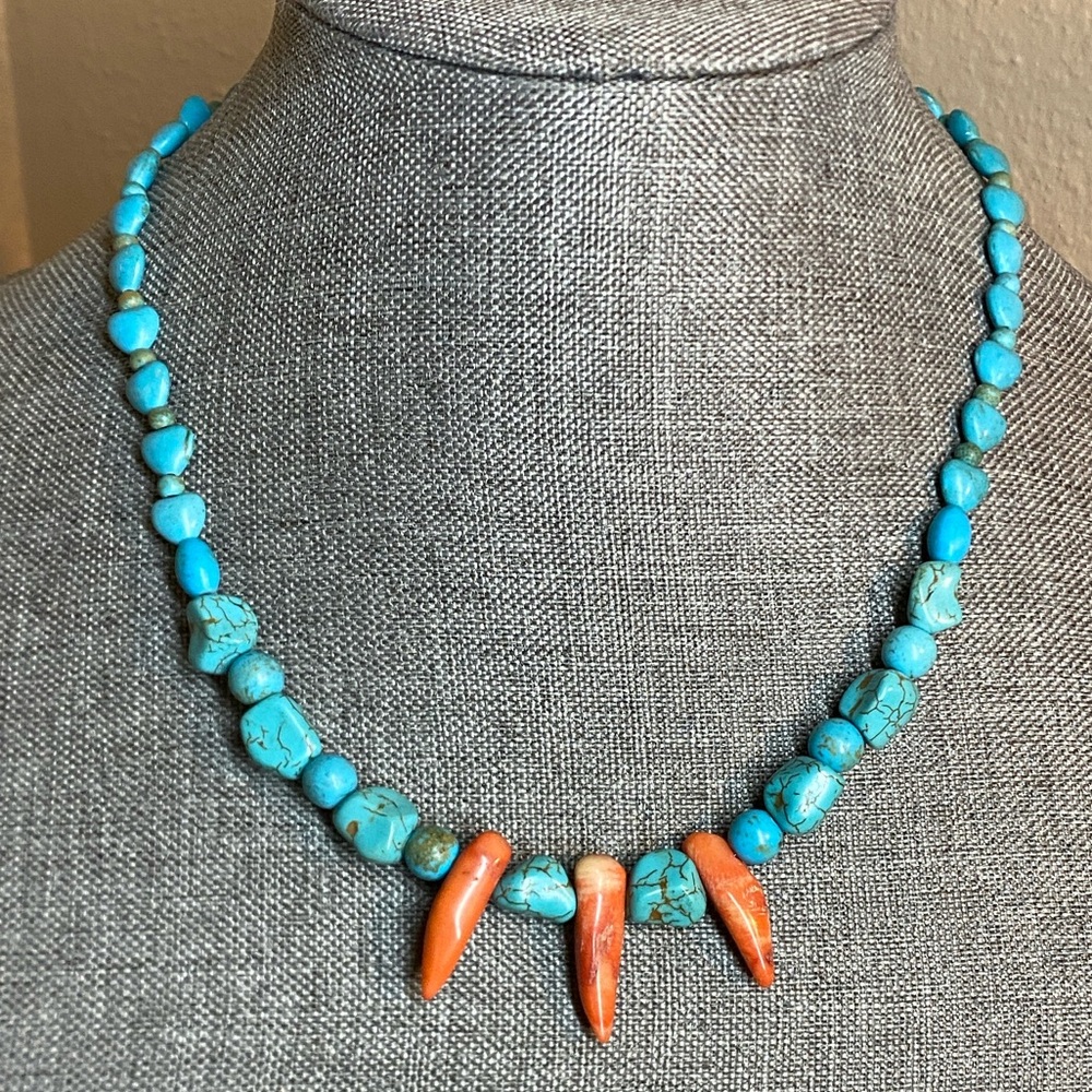 Southwestern Turquoise & Coral Spike Statement Necklace
